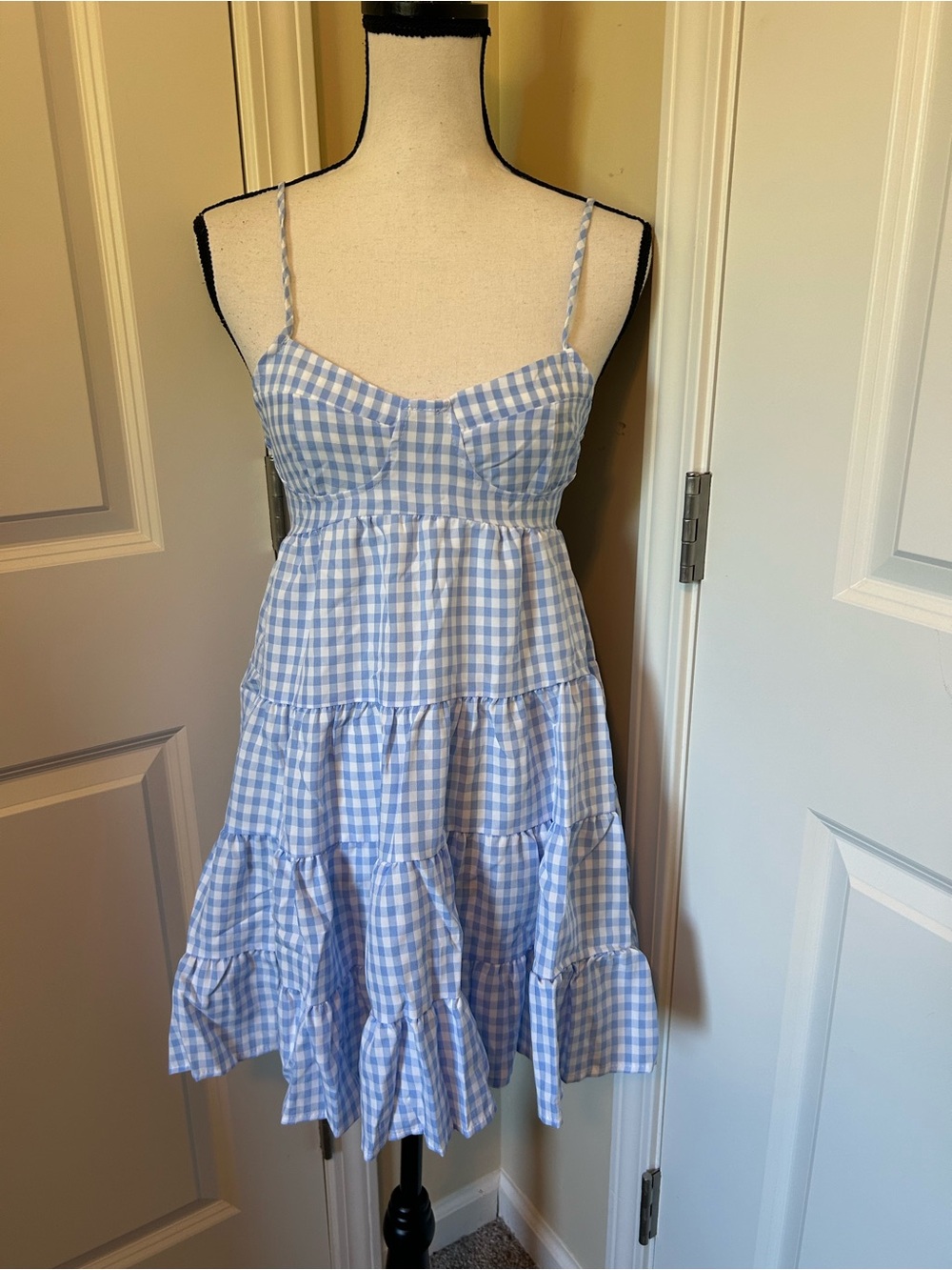 Blue Gingham Spaghetti-Strap Tiered open back strappy Sundress